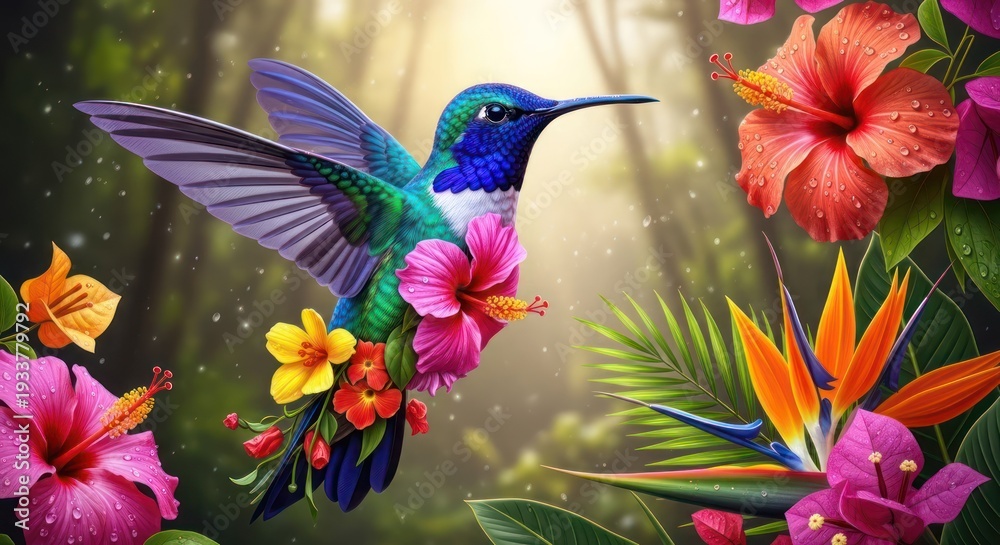Fototapeta premium A vibrant hummingbird with colorful plumage and flowers in a lush, tropical forest setting.