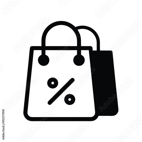 Two shopping bags, one displaying a percentage symbol, are shown in black and white