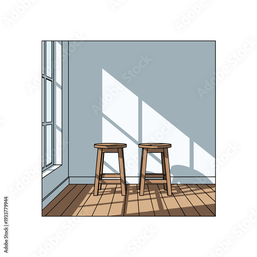 Two wooden stools in a room with sunlight through window