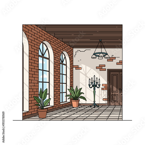Cozy indoor scene with brick wall, arched windows, plants, and candelabra