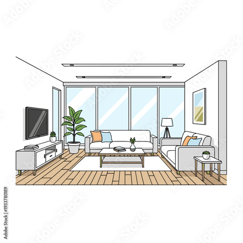 Modern living room interior with sofa, TV, and plants, minimalist home decor