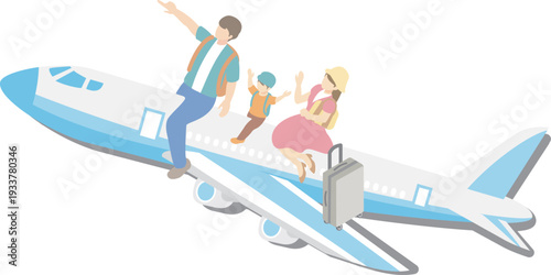 Isometric Illustration of a Family Riding on an Airplane. Image of Summer Vacation, Golden Week, and Family Travel