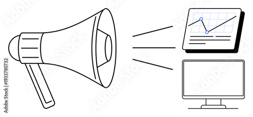 Megaphone releasing sound waves toward analytics dashboard and computer display. Ideal for marketing, communication, data analytics, technology, advertising, strategy, promotion. Simple flat metaphor