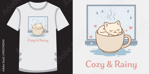 Adorable cartoon cat sleeping peacefully inside a warm cup of coffee on a rainy day illustration design for cozy apparel and merchandise