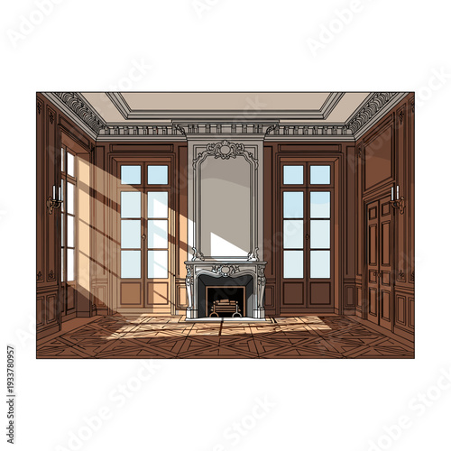 Luxurious empty room with fireplace and large windows, elegant interior design