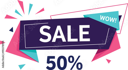 Sale 50 Percent Discount Banner with Modern Geometric Shapes and Wow Promotional Label Vector