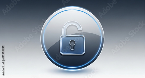 Shiny unlocked padlock icon with blue glow on gradient background.