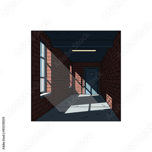 Abandoned brick corridor with sunlight through window and door