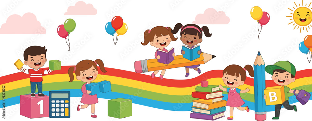 Obraz premium Happy children learning and playing with school supplies on a vibrant rainbow.
