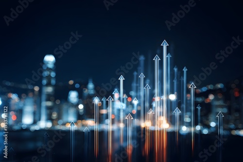 Luminous blue arrows ascend from a shimmering futuristic cityscape at night, illustrating accelerated business growth and positive economic trends, abstract concept.