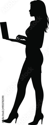 Silhouette of Businesswoman Walking with Laptop Symbolizing Modern Professional Lifestyle Remote Work and Corporate Success Minimal Black and White Illustration Isolated on White Background