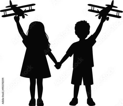 Silhouette of Children Holding Toy Airplanes Symbolizing Friendship Imagination and Childhood Dreams Minimal Black and White Illustration Isolated on White Background