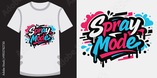 Creative graffiti style spray mode text design on white tshirt and isolated on transparent background perfect for streetwear fashion and urban clothing trends