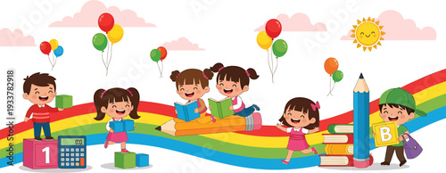 Happy children learning and playing on a colorful rainbow path with school supplies