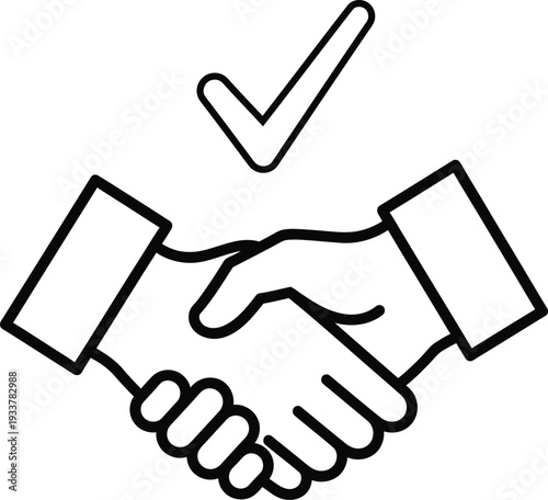 Two hands shaking with a checkmark symbolizing a successful agreement or partnership.