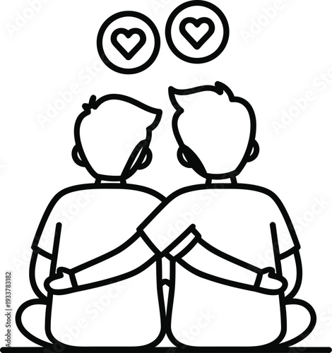 Two people sitting back to back with hearts above their heads.