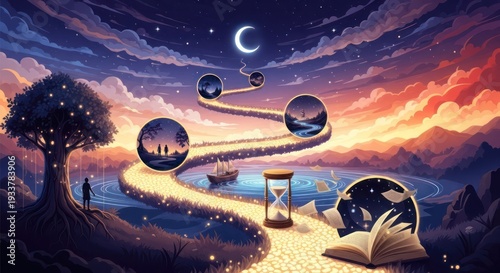 An illustrated landscape with surreal elements, depicting a journey through time and dreams.