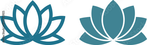 Minimalist Lotus Flower Icon Set, Teal Zen Lotus Blossom Silhouettes, Yoga and Wellness Floral Logo Graphics, vector, illustration, silhouette.