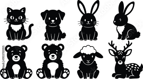 Cute black and white animal silhouette vector set featuring cat dog rabbit bear sheep and deer icons for nursery decor and baby shower design