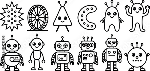 Cute Vector Robot and Alien Character Set Featuring Minimalist Line Art Illustrations of Friendly Space Creatures Droids and Monsters for Kids Coloring Books