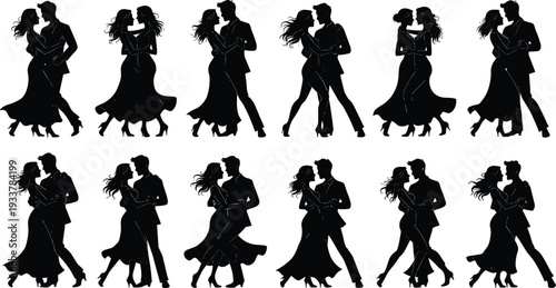 Elegant Silhouettes of Romantic Couples Dancing Ballroom Waltz and Tango in Various Graceful Poses for Wedding Invitations, Anniversary Cards, and Event Promotion Design Elements