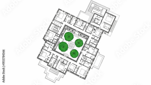 High Quality Black Line Art of Ottoman-Era House Floor Plan with Layered Rooms and Inner Courtyard, Traditional Architectural Layout, Top View Illustration