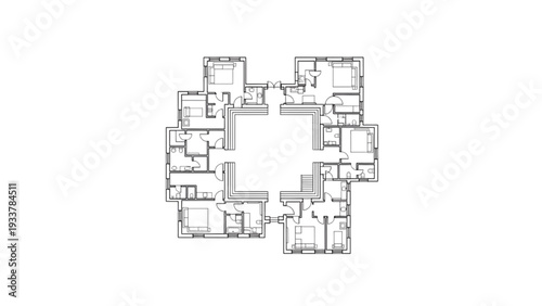 High Quality Black Line Art of Mayan-Style Dwelling Layout with Simple Rectangular Chambers and Open Courtyard, Top View Architectural Floor Plan Illustration