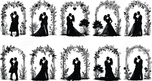 Elegant wedding silhouette vector collection featuring romantic couples under floral arches for marriage 
