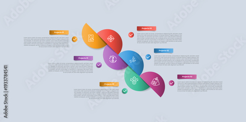 6 points infographic with glossy gradient style with half circle tilt shape container combination on growth structure with six segment information