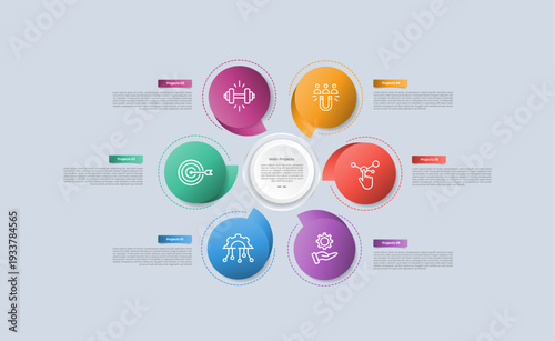 6 points infographic with glossy gradient style with circle center with callout speech discussion box on circular cycle with six segment information