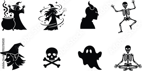 Halloween Silhouette Vector Icon Set Featuring Witches With Cauldrons Spooky Ghosts Skeletons Skulls And Evil Horned Demons For Dark Graphic Design And Party Decorations