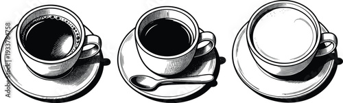 Hand drawn vintage engraving style illustration of three coffee cups with black espresso and latte macchiato on saucers isolated on a white backgroundv