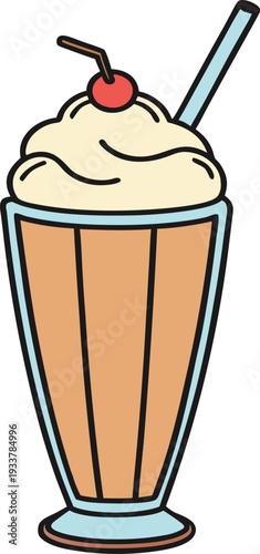 Tall glass of chocolate milkshake topped with whipped cream and cherry vector illustration EPS PNG file