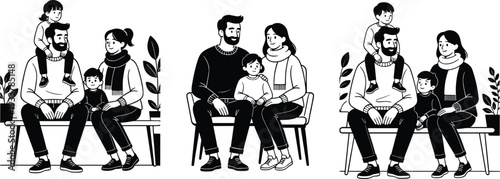 Minimalist black and white line art vector illustration set of happy young families sitting on benches, featuring parents with children and toddlers in winter outfits.