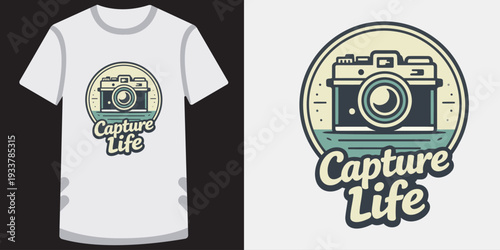 Creative vintage camera design on a stylish white tshirt perfect for photography lovers and enthusiasts capture life moments