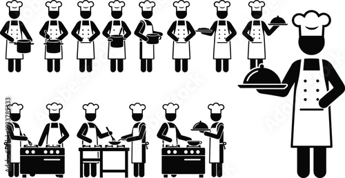 Professional Chef Stick Figure Icon Set Featuring Male Cooks Preparing Food Cooking on Stoves Serving Platters and Working in a Commercial Restaurant Kitchen Interior