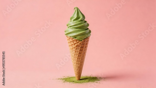 Obraz na plátne Matcha green tea soft serve ice cream in waffle cone with matcha powder on pink