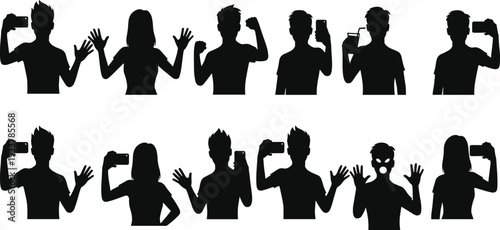 Set of black silhouettes featuring young people taking selfies, holding smartphones, waving hands, and gesturing in various poses for social media and lifestyle concepts.