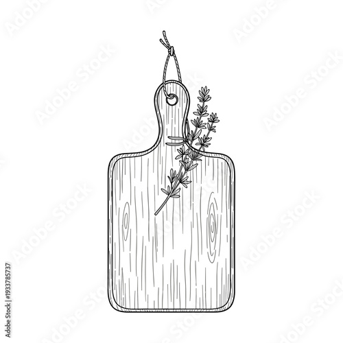 Wooden cutting board with herbs line art in black and white