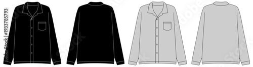 Men’s long sleeve shirt front and back technical fashion flat sketch with pocket and button details, apparel design template