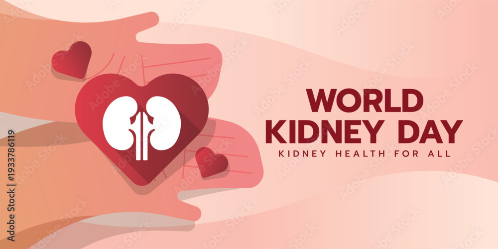 Obraz premium World kidney day - hands hold white kidney sign in red heart paper vector design