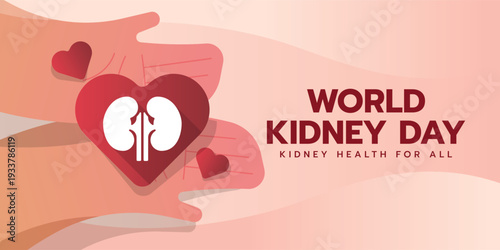 World kidney day - hands hold white kidney sign in red heart paper vector design