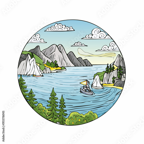 Scenic coastal landscape with sailboats navigating a calm bay surrounded by mountains and lush greenery.