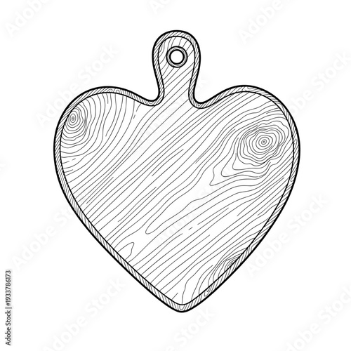 Heart shaped wooden cutting board line art in black and white