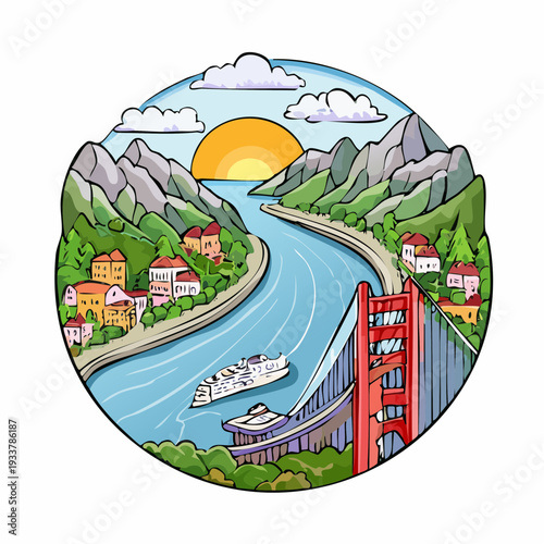 Scenic view of a vibrant coastal town with a suspension bridge, river, and mountains at sunset.