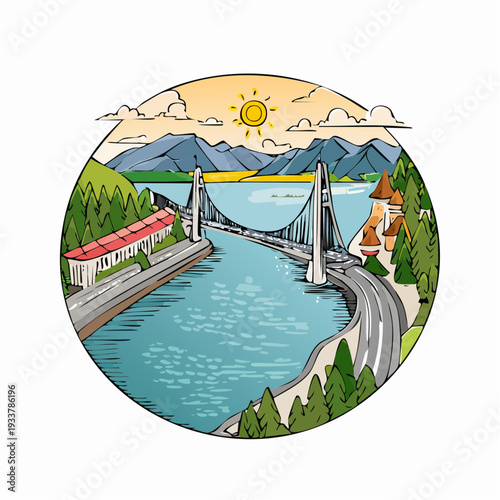 Scenic illustration of a suspension bridge spanning across a wide river with mountains in the background and a sunny sky above.