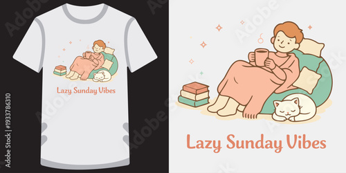 Cute and cozy illustration of a person enjoying lazy sunday vibes with a cat and books on a tshirt design