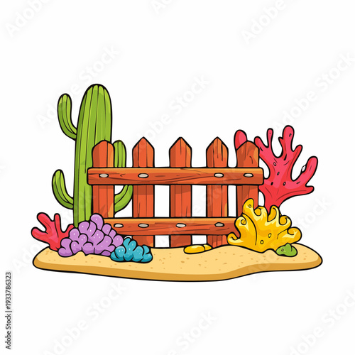 Cartoon illustration of a desert oasis with a wooden fence, cactus, and colorful coral.
