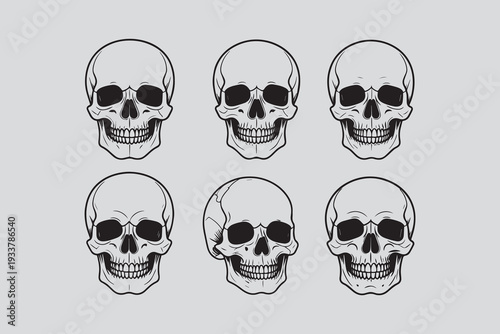 Cartoon vector set of skull and crossbones faces with glasses hair beard and mustache in a black icon style symbolizing skeleton death and Halloween art