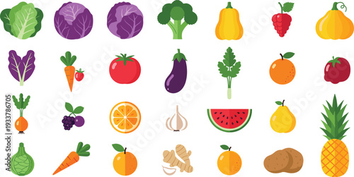 Fresh fruits and vegetables collection with cabbage broccoli pumpkin tomato watermelon pineapple and more flat vector illustration set